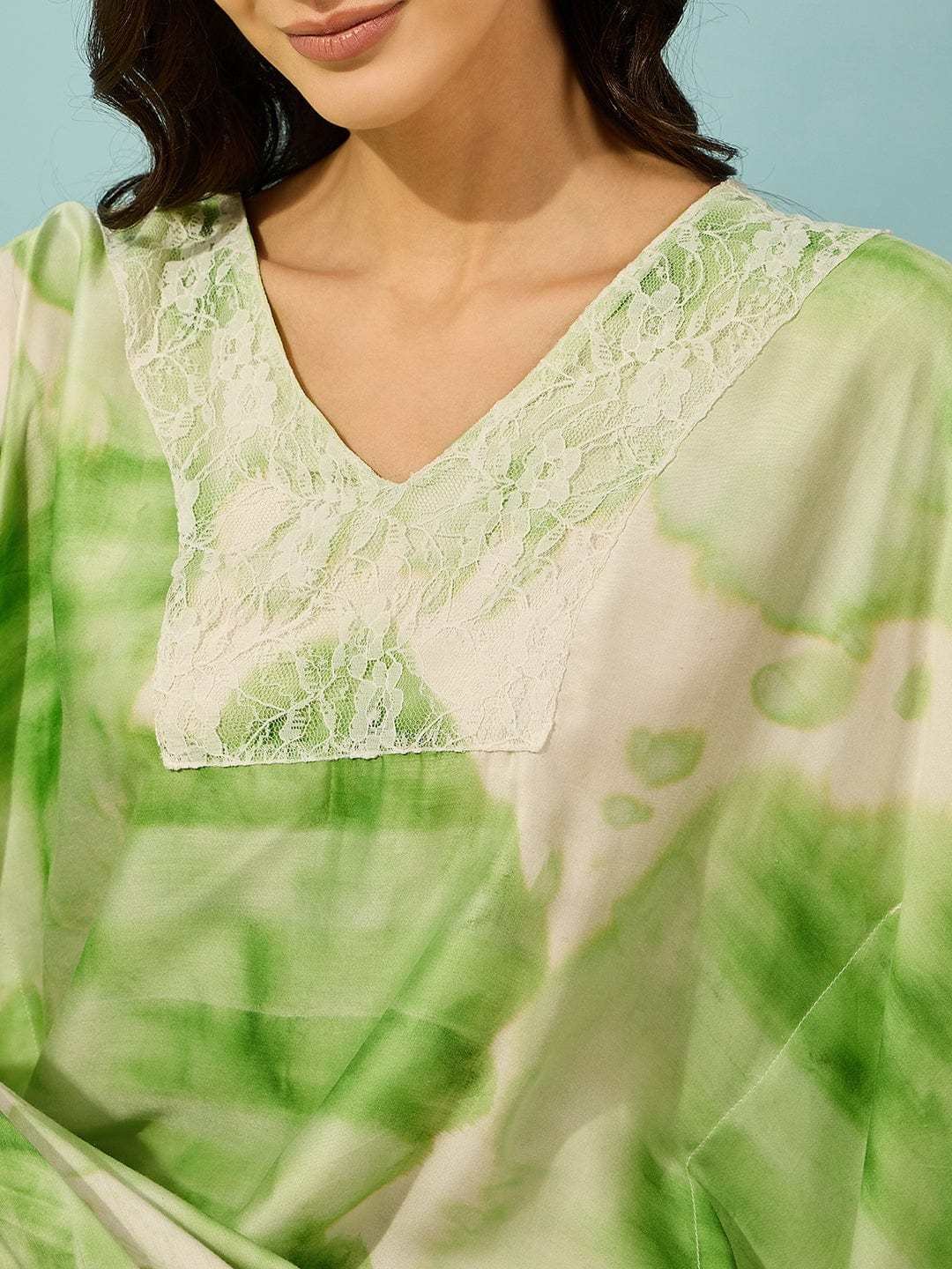 Women's Cotton Tie Dye Print Flowing Bell Sleeves Full Length Kaftan Drees Casual Beach Wear ( Green )